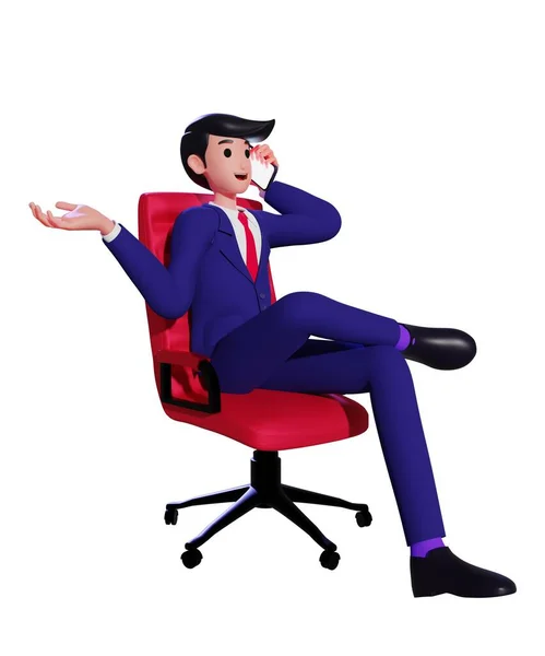 Ofis koltuğunda oturan ve akıllı telefondan konuşan bir iş adamı. Telefon görüşmesinde takım elbiseli ve el kol hareketi yapan bir adam. 3d illüstrasyon