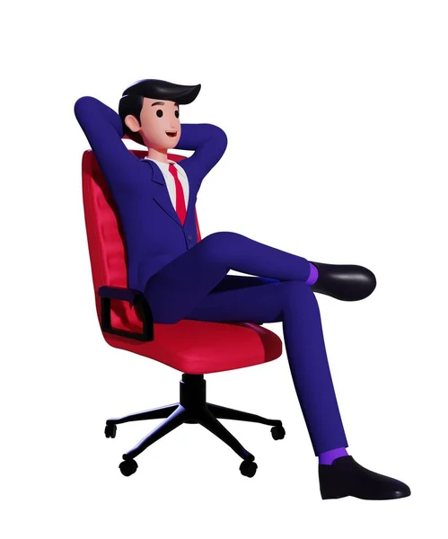 Genç iş adamı, elleri ve bacakları çapraz kırmızı bir ofiste sakince oturup rahatlıyor. 3d illüstrasyon