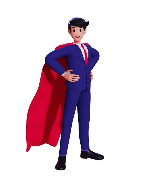 Elleri belinde duran bir iş adamı süper kahraman kırmızı bir pelerin giyer. Süper kahraman pozu veren güçlü bir iş adamı. 3d illüstrasyon