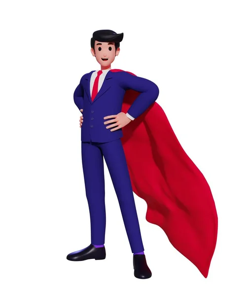 3d cartoon Businessman standing with a superhero red cloak. Powerful businessman in an action superhero pose. 3d illustration