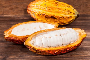 Theobroma Kakao - Kakao 'nun organik kakao meyvesi; Ahşap arkaplanda fotoğraf