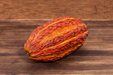 Theobroma Kakao - Kakao 'nun organik kakao meyvesi; Ahşap arkaplanda fotoğraf