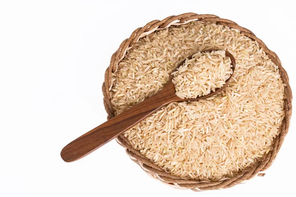Surowy Brązowy Ryż Podstawowe Zboża Żywności Zdjęcie Białym Tle — Zdjęcie stockowe
