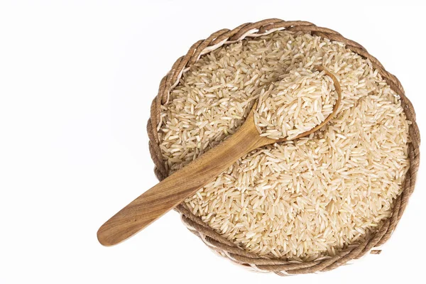 Surowy Brązowy Ryż Podstawowe Zboża Żywności Zdjęcie Białym Tle — Zdjęcie stockowe