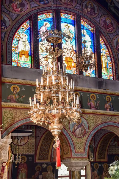 Interior Orthodox Church Side Stained Glass Window Candelabrum Byzantine Hagiographies — Stock Photo, Image