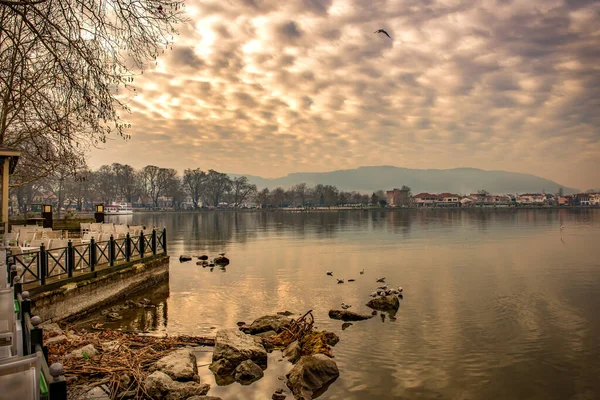Vue Sur Lac Pamvotis Ville Ioannina Coucher Soleil Grèce Images De Stock Libres De Droits