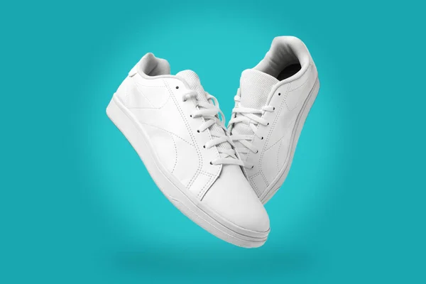 New Pair White Sneakers Isolated Green Background Sportive Pair Shoes — Stock Photo, Image