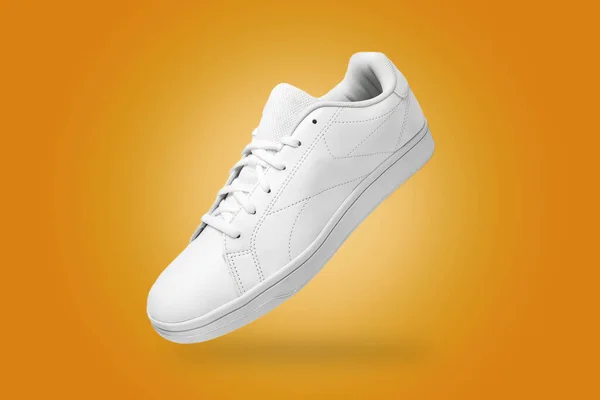 High Angle View White Sneaker Isolated Yellow Background Sportive Pair — Stock Photo, Image