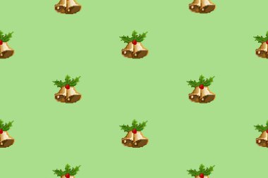 Noel deseninin renkli arka planı Pixel Art ile yapılmış. Noel Baba 'nın komik duvar kağıdı, şeker, hediye kutuları, Noel ağacı ve çanlar..