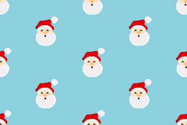 Noel deseninin renkli arka planı Pixel Art ile yapılmış. Noel Baba 'nın komik duvar kağıdı, şeker, hediye kutuları, Noel ağacı ve çanlar..
