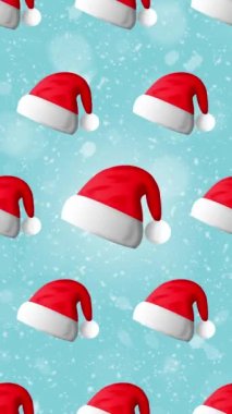 Noel Baba 'nın şapkasının mavi ve karlı arkaplandaki görüntüsü. Hareketi durdur. Komik ve renkli arkaplan.