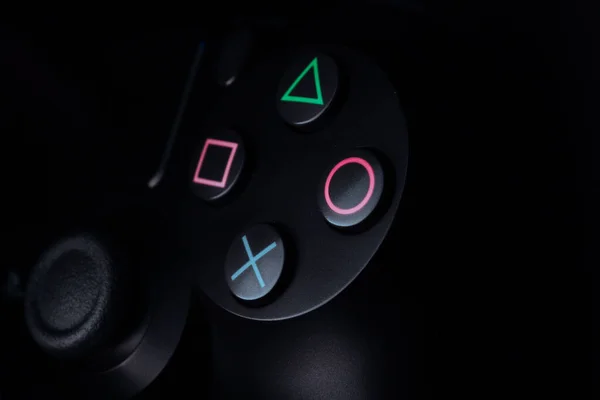 Playstation Gamepad Czarnym Tle Kolorowymi Światłami Sony Ps4 Dualshock Studio — Zdjęcie stockowe