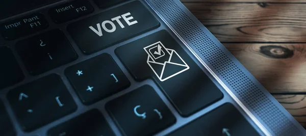 Знамя Клавиатуры Ноутбука Кнопкой Vote Электронного Опроса Политическая Концепция Интернет — стоковое фото
