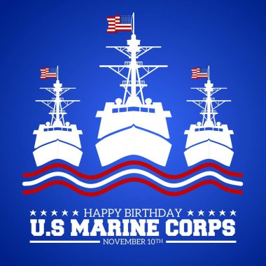 Mutlu yıllar Birleşik Devletler Deniz Kuvvetleri teması. Vektör çizimi. Çizim bayrağı ve fotokopi uzayı olan savaş gemisi. Poster, pankart, kampanya ve tebrik kartı için uygun.