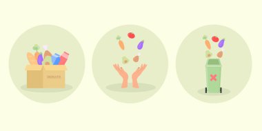 Sürdürülebilirlik illüstrasyonu. Karakterler gıda atıklarını azaltır, bağışlar, azaltır, tekrar kullanır, geri dönüştürür ve sıfır atık kavramı. Vektör illüstrasyonu.