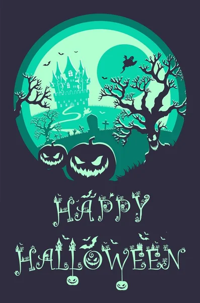 Fondo Noche Halloween Calabazas Cartel Verde Castle Halloween Oscuro — Vector de stock