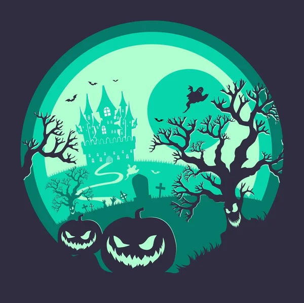 Fond Nuit Halloween Citrouilles Château Sombre Affiche Halloween Vert — Image vectorielle
