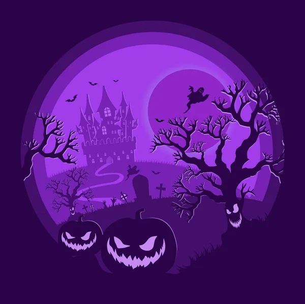 Halloween Natt Bakgrund Pumpor Och Mörka Slott Halloween Affisch Lila — Stock vektor