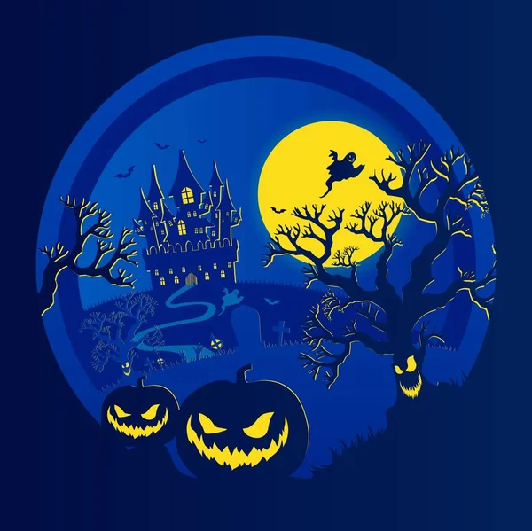 Fondo Noche Halloween Calabazas Castillo Oscuro Cartel Halloween Azul Oscuro — Vector de stock