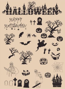 Cadılar Bayramı ayrıntıları, balkabakları ve bir ağaç. Cadılar Bayramı sopası, mezarlık, balkabağı ve daha fazlası.