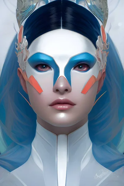 Stylish Villain Calmin Coral and Cerulean collection is a beautiful digital painting of a symmetrical stylish villain with high details, white shiny metal with Calming Coral and Cerulean details.