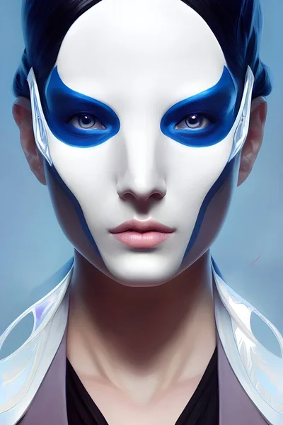Stylish Villain Calmin Coral and Cerulean collection is a beautiful digital painting of a symmetrical stylish villain with high details, white shiny metal with Calming Coral and Cerulean details.