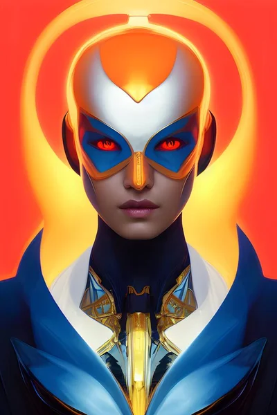 This stylish villain collection is a one-of-a-kind digital painting of a symmetrical and elegant villain with high details. The artwork is composed with yellow shiny metal, electric blue details and Calming Coral