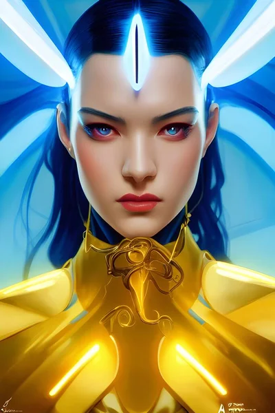 This stylish villain collection is a one-of-a-kind digital painting of a symmetrical and elegant villain with high details. The artwork is composed with yellow shiny metal, electric blue details and Calming Coral