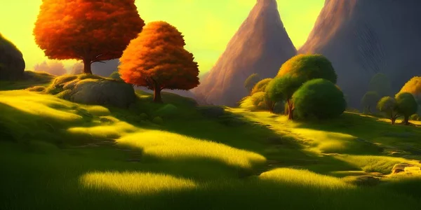 Concept art of hills and mountains landscape, with a magical golden tree in the center. This piece is suitable for print, games and animation, digital painting