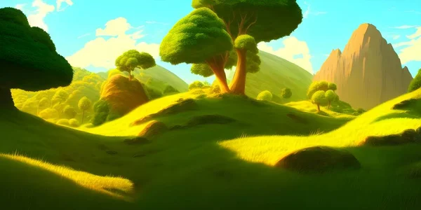 Concept art of hills and mountains landscape, with a magical golden tree in the center. This piece is suitable for print, games and animation, digital painting