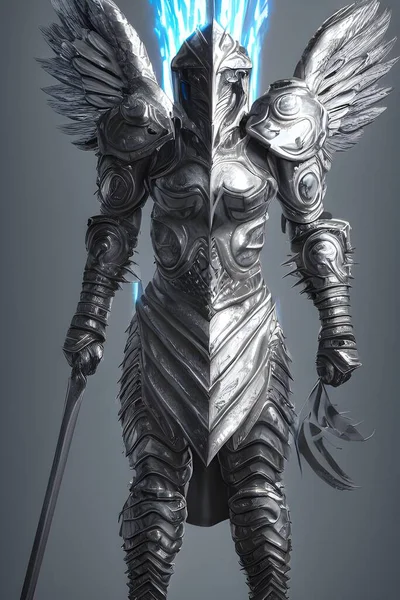 This item features a warrior, a large silver lightning bolt highly detailed silver eagle armor, with an epic comic book style comic book style full body painting, if this warrior is about to take off for battle.