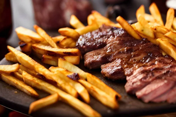 This image is of a spectacular meat dish accompanied by chips, an irresistible combination for any palate.