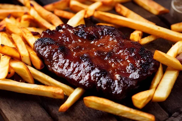 This image is of a spectacular meat dish accompanied by chips, an irresistible combination for any palate.