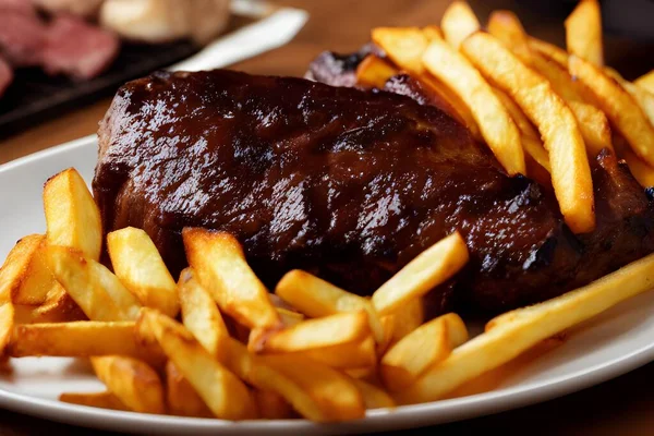 This image is of a spectacular meat dish accompanied by chips, an irresistible combination for any palate.