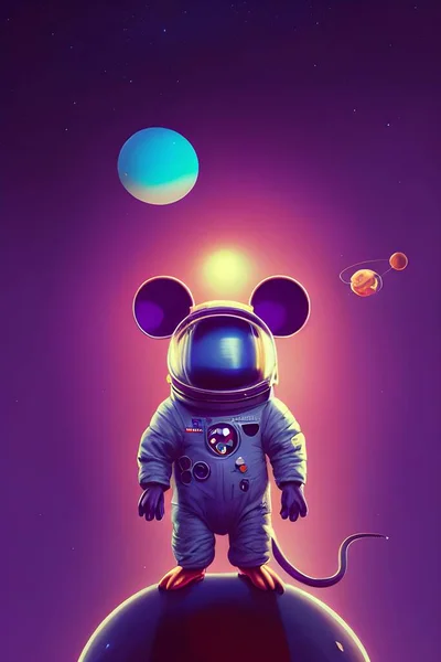 Although this space mouse might look friendly, he will fight back if you try to take him out of the astro suit. :) Astro graphics art and retro futuristic portrait in the background.