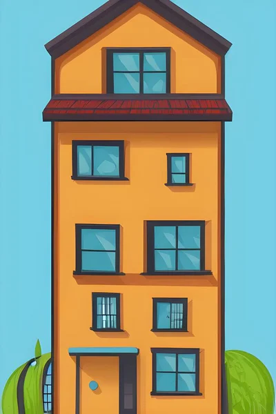 Illustration of a house. This highly detailed, simple and smooth picture shows a sketch-like view of a house. With its bold colors, it appears warm and friendly.