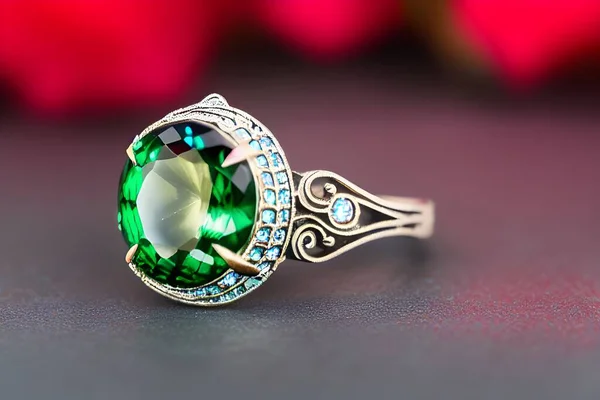 This professional product shot showcases a beautiful ring featuring gemstones. The ring has a dynamic composition and balances perfectly between color, shape and texture.