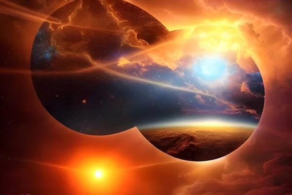 3d illustration of creation of universes. A planets and stars form from a single point in space time.