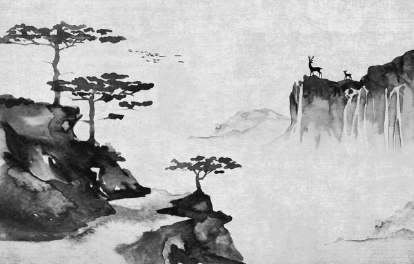 Chinese landscape painting, abstract, ink painting background. Wall murals, fashion of modern art. Art and design.