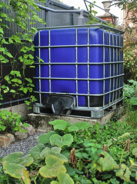 Rainwater Collection Tank Blue Walls Green Setting — Stock Photo, Image