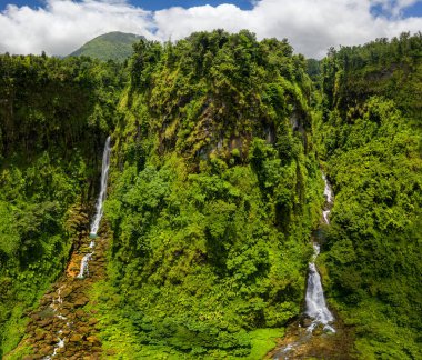 Ünlü ikiz Trafalgar Şelalesi, Dominica. Drone fotoğrafı.