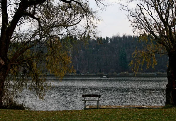 Samotna Ławka Brzegu Jeziora Jesień — Zdjęcie stockowe