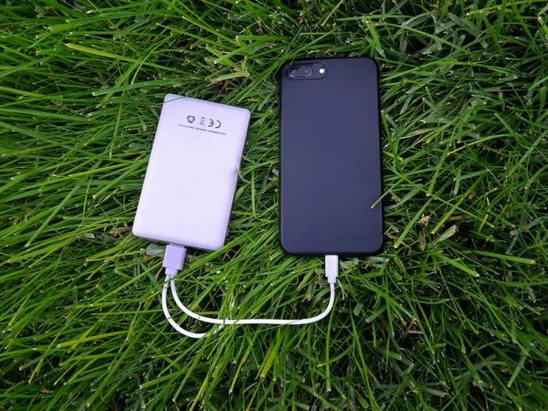 Charging phone with portable charger. outdoor camping, picnic, powerbank