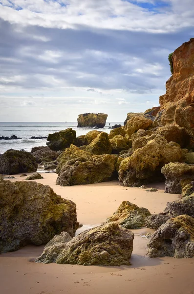 Sand Beach Surrounded Rocks Praia Santa Eulalia Algarve Portugal Europe — Stock Photo, Image