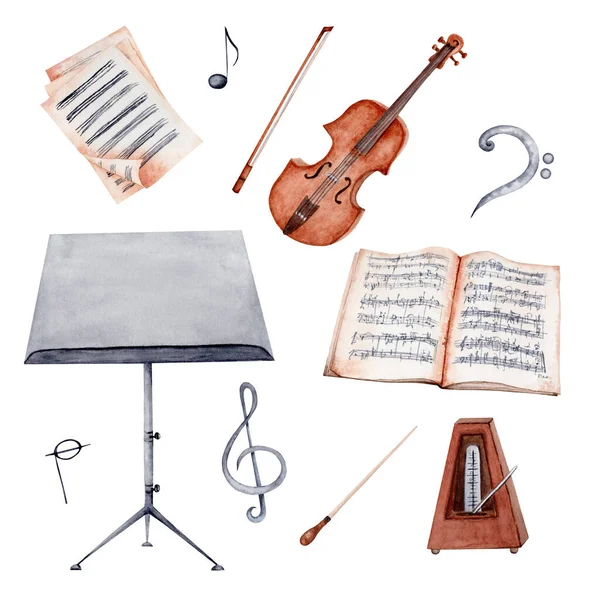 Keman, Müzik Standı, Notalar ve Sayfa Müzik suluboya illüstrasyon. Klasik müzik beyaz zemin üzerine izole edilmiş elementler koleksiyonu çizdi. Kartlar için mükemmel tasarım, mezuniyet sertifikaları, müzisyenler için hediyeler ve daha fazlası..
