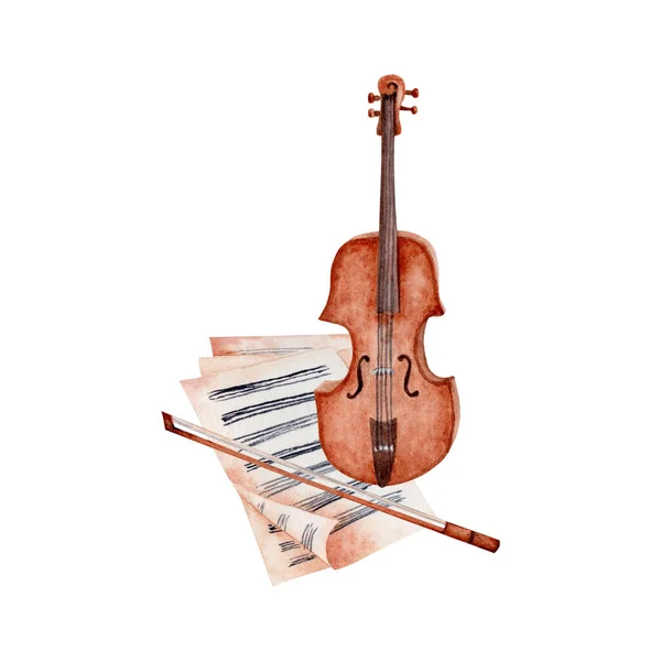 Spartiti Musicali Classici Con Violino Arco Acquerello Illustrazione Musica Classica — Foto Stock