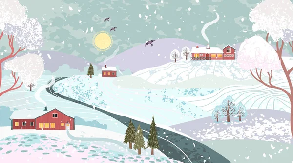 Природний зимовий пейзаж з будинками в скандинавському стилі. — стоковий вектор