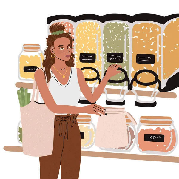 Illustrationen von niedlichen jungen Mädchen mit Öko-Tüte kaufen Lebensmittel in Zero Waste Store — Stockvektor