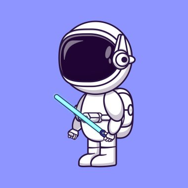 Astronot ve ışın kılıcı çizimi. Işın kılıcı taşıyan sevimli astronot karakteri. Çocuklar için Galaksi fantezi karakter tasarımı