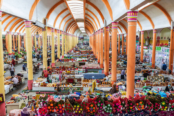 Khujand, Sughd Province, Tajikistan. August 20, 2021. Interior view of the Panjshanbe Bazaar in Khujand.